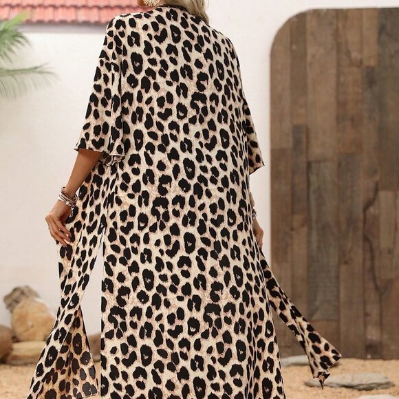 Multiucolor Boho Womens Leopard Print Split Front Button Up Shirt - Picture 3 of 5